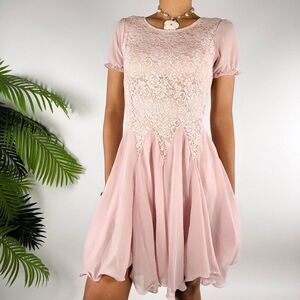 Vintage Pink Lace Balletcore Coquette Short Sleeve Mini Chiffon Dress / Small